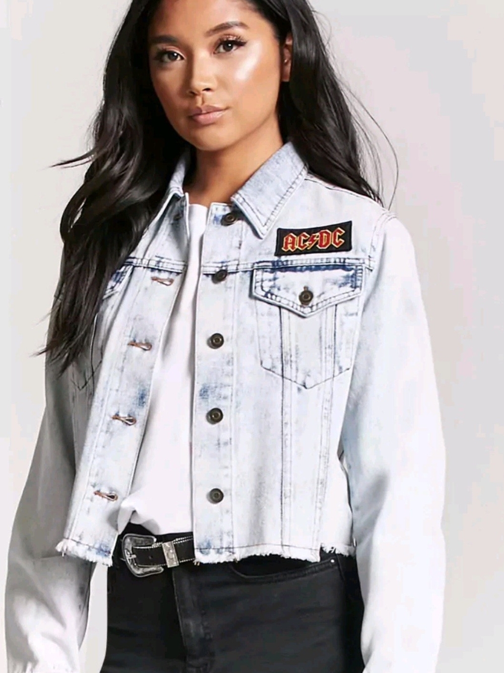 AC/DC Light Wash Cropped Denim Jacket with Embroidered Patch